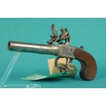 A Flintlock pistol by Sommers Stanley London, 8 3/4" overall with 3 1/4" barrels of approx 31 bore,