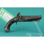 A Flintlock cannon barrel pistol with white metal embellishment to stock,