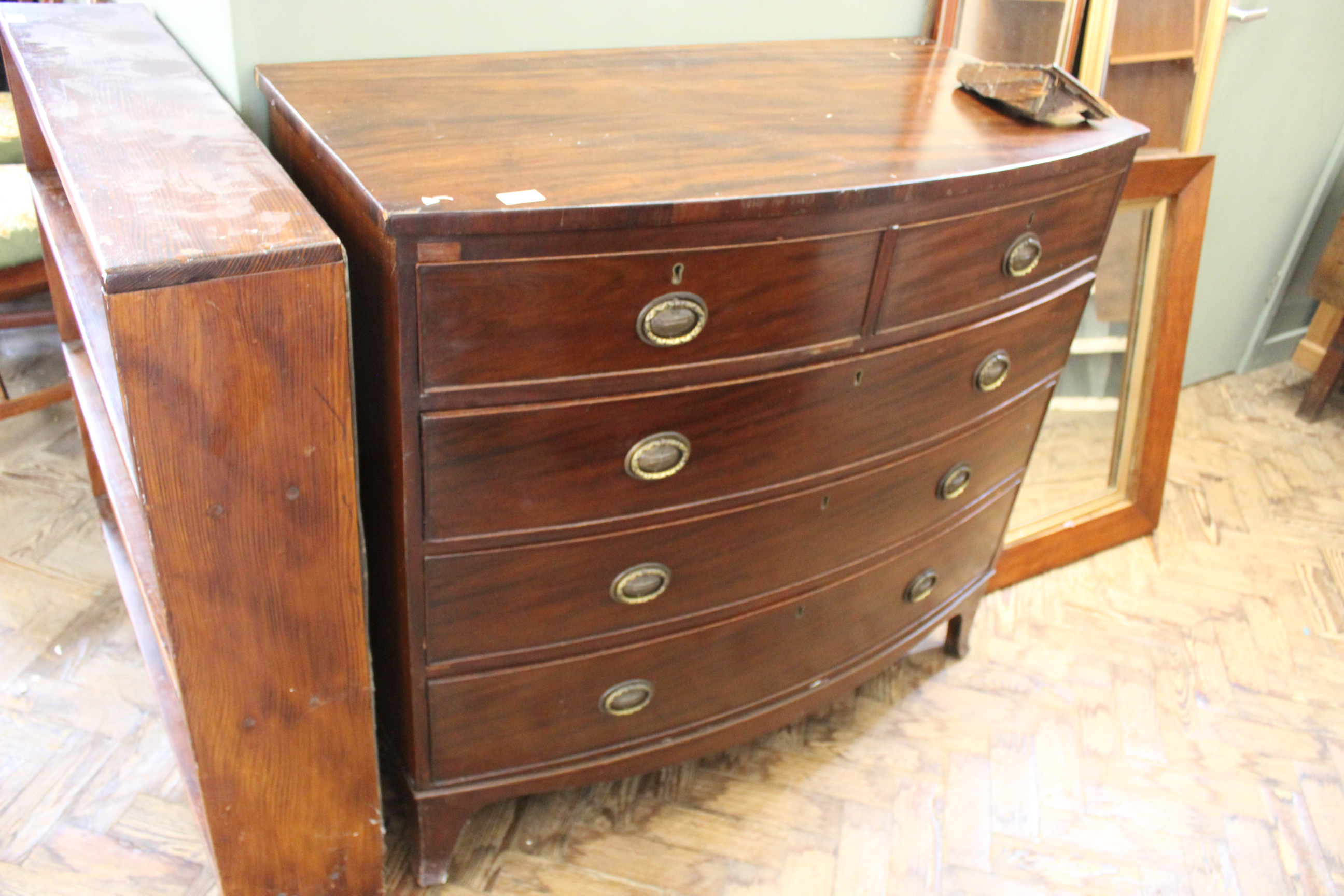 George III mahogany bow fronted chest (as found,