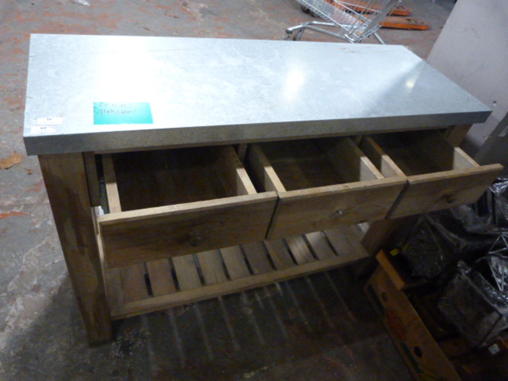 *Three Drawer Serving Unit with Galvanised Top on Butcher Block Style Legs