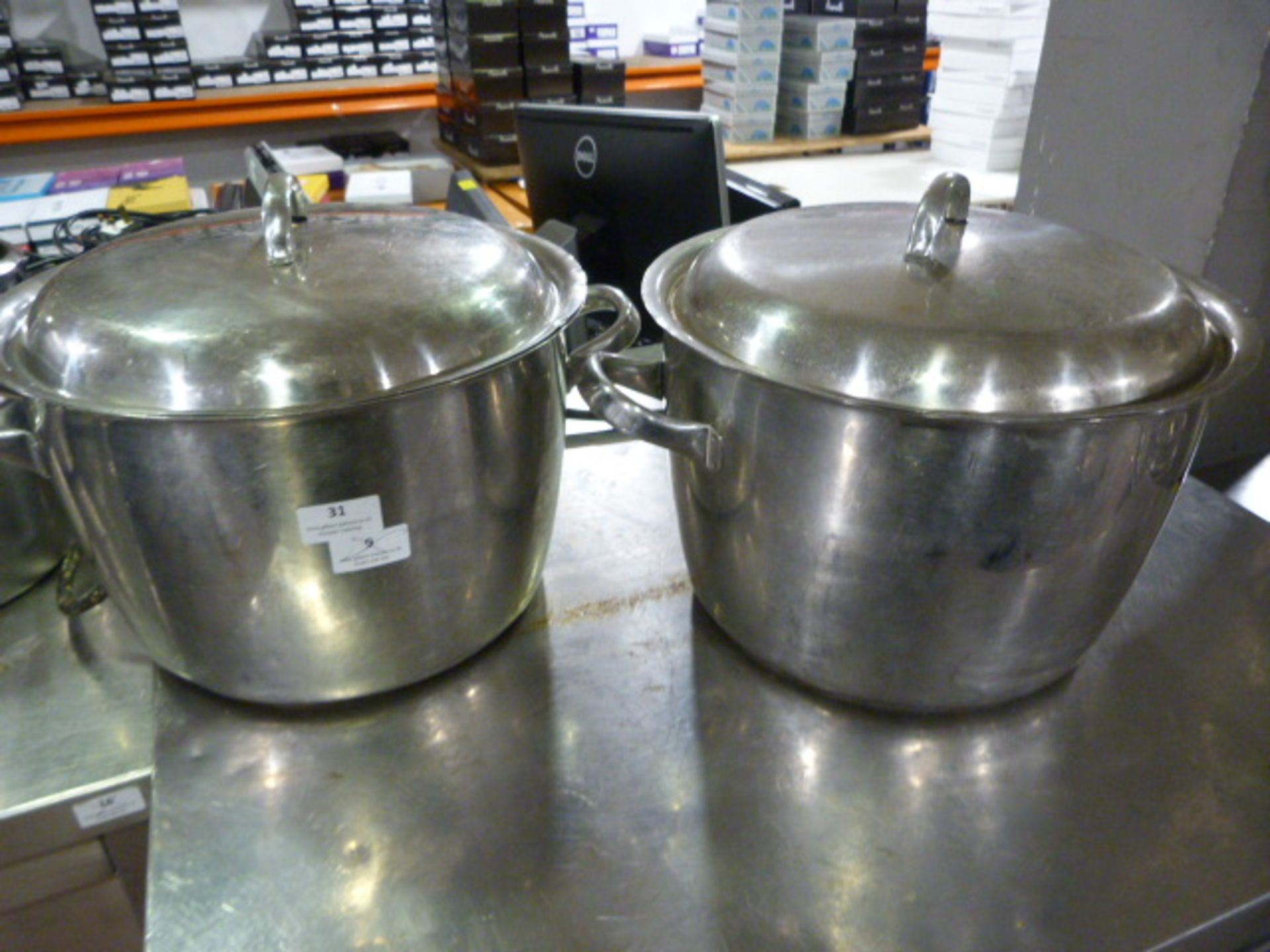 *Two Stainless Steel Twin Handled Pans with Lids 30cm diameter