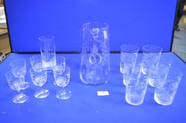 Etched Glass Lemonade Set plus Wine Glasses etc.