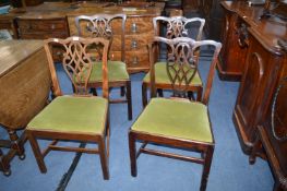 Four Mahogany Dining Chairs with Green Velvet Upholstery