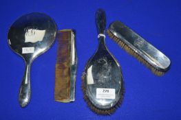 Four Piece Hallmarked Sterling Silver Dressing Set; Mirror, Brushes & Comb