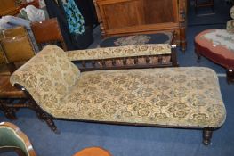 Victorian Chaise Lounge with Green & Gold Upholstery on Mahogany Frame