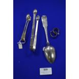 Silver Spoon, Two Sugar Tongs, and a Pair of Earrings