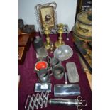 Metal Items; Candlesticks, Picture Frame, Tankards, etc.