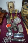 Metal Items; Candlesticks, Picture Frame, Tankards, etc.