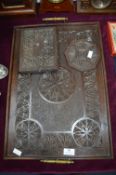 Period Carved Oak Tray with Matching Coaster and Teapot Stand