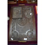 Period Carved Oak Tray with Matching Coaster and Teapot Stand