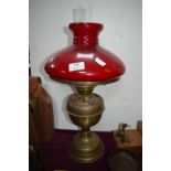 Oil Lamp with Red Glass Shade
