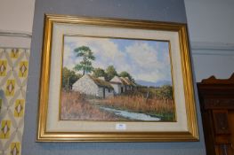 Framed Oil on Board by Tony McNally - Irish Cottages with Flooded Lane