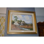 Framed Oil on Board by Tony McNally - Irish Cottages with Flooded Lane