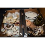 Two Boxes of Assorted China; Teapots, Tureens, Serving Plates, etc.