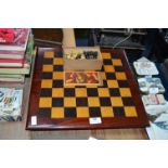 mahogany and Boxwood Inlaid Folding Chessboard and Set