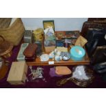Tray Lot of Collectibles; Bookends, Paperweights, Coinage, Lighters, Pens, etc.