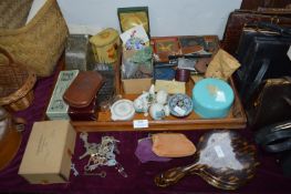 Tray Lot of Collectibles; Bookends, Paperweights, Coinage, Lighters, Pens, etc.