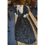Victorian Mourning Dress in Black Silk with Applied Lace and Glass Bead Decoration
