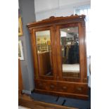 Large Double Edwardian Mahogany Wardrobe with Beveled Edge Mirror Doors