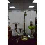 Victorian Oil Lamp, Silver Plate Epergne and a Brass Reading Lamp Base