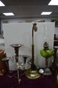 Victorian Oil Lamp, Silver Plate Epergne and a Brass Reading Lamp Base