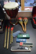 Musical Instruments; Harmonicas, Penny Whistles, Maracas and a Bongo