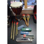 Musical Instruments; Harmonicas, Penny Whistles, Maracas and a Bongo