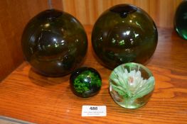 Two Green Glass Witches Bowls and Two Glass Paperweights