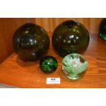 Two Green Glass Witches Bowls and Two Glass Paperweights