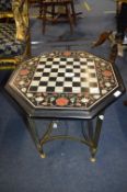 Octagonal Chessboard with Inlaid Mother of Pearl Mosaic on Brass Stand