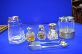 Hallmarked Sterling Silver Cruet Set, Jars and Sugar Tongs