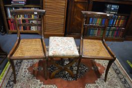 Pair of Saber Leg Trafalgar Style Chairs with Bergere Seats, and a X Form Stool