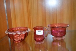 Two Cranberry Glass Dishes and a Jug