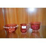Two Cranberry Glass Dishes and a Jug