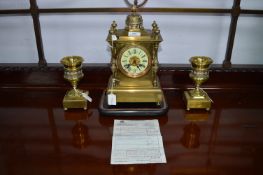Late Victorian Brass Mantel Clock with Garniture on, Ebonised Stand