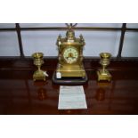 Late Victorian Brass Mantel Clock with Garniture on, Ebonised Stand