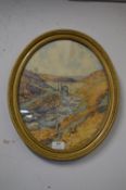 Oval Gilt Framed Signed Watercolour by Florence Walker - Moorland Stream