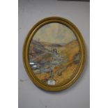 Oval Gilt Framed Signed Watercolour by Florence Walker - Moorland Stream