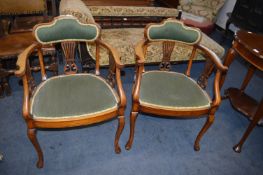 Pair of 18th Century Mahogany Armchairs on Cabriole Legs with Green Leather Upholstery
