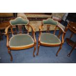 Pair of 18th Century Mahogany Armchairs on Cabriole Legs with Green Leather Upholstery