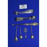 Hallmarked Sterling Silver Sugar Tongs, Mustard Spoon, etc.