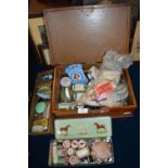 Wooden Sewing Box and Contents