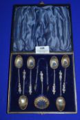 Set of Six Hallmarked Sterling Silver Apostle Spoons with Tongs and Strainer