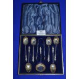 Set of Six Hallmarked Sterling Silver Apostle Spoons with Tongs and Strainer