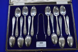 Hallmarked Sterling Silver Thirteen Piece Teaspoon Set Including Sugar Tongs