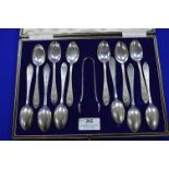 Hallmarked Sterling Silver Thirteen Piece Teaspoon Set Including Sugar Tongs