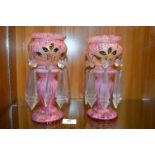 Pair of Pink Glass Vases with Luster Drops