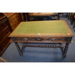 Carved Oak Desk with Inlaid Green Leatherette Top and Lions Head Drawer Pulls