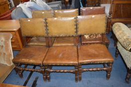 Six Bobbin Turned Dining Chairs with Leather Upholstery and Heavy Brass Studs