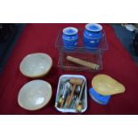 Kitchenalia; Bretby Storage Jars, Utensils, Mixing Bowls, and Stationery Rack